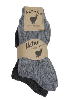 2 Paar Wollsocken mit Alpaka Wolle Grobstrick Unisex Grau/Anthrazit