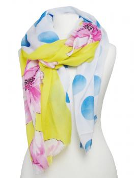 Damen Sommer Schal Tuch Halstuch Blumen Tupfen Print, Gelb-Blau