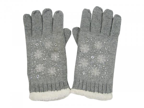 Damen Handschuhe Schneeflocken Motiv und Strass, Glitzer Grau