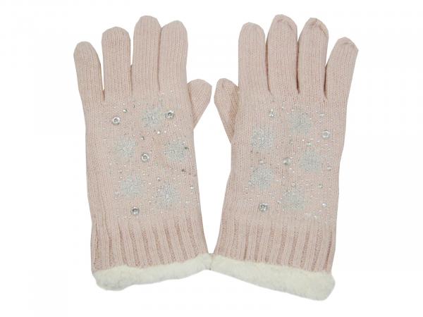 Damen Handschuhe Schneeflocken Motiv und Strass, Glitzer Rosa