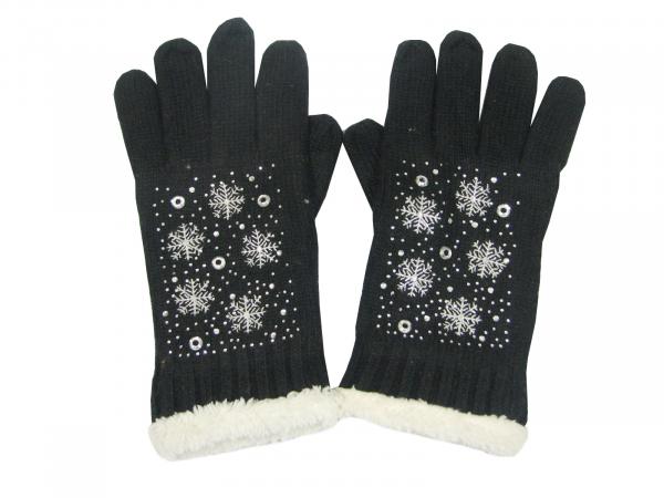 Damen Handschuhe Schneeflocken Motiv und Strass, Glitzer Schwarz